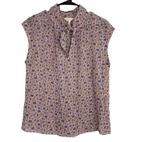 REBECCA TAYLOR Zelma Sleeveless Floral Tie Front Blouse Knotted Keyhole silk - Picture 1 of 5